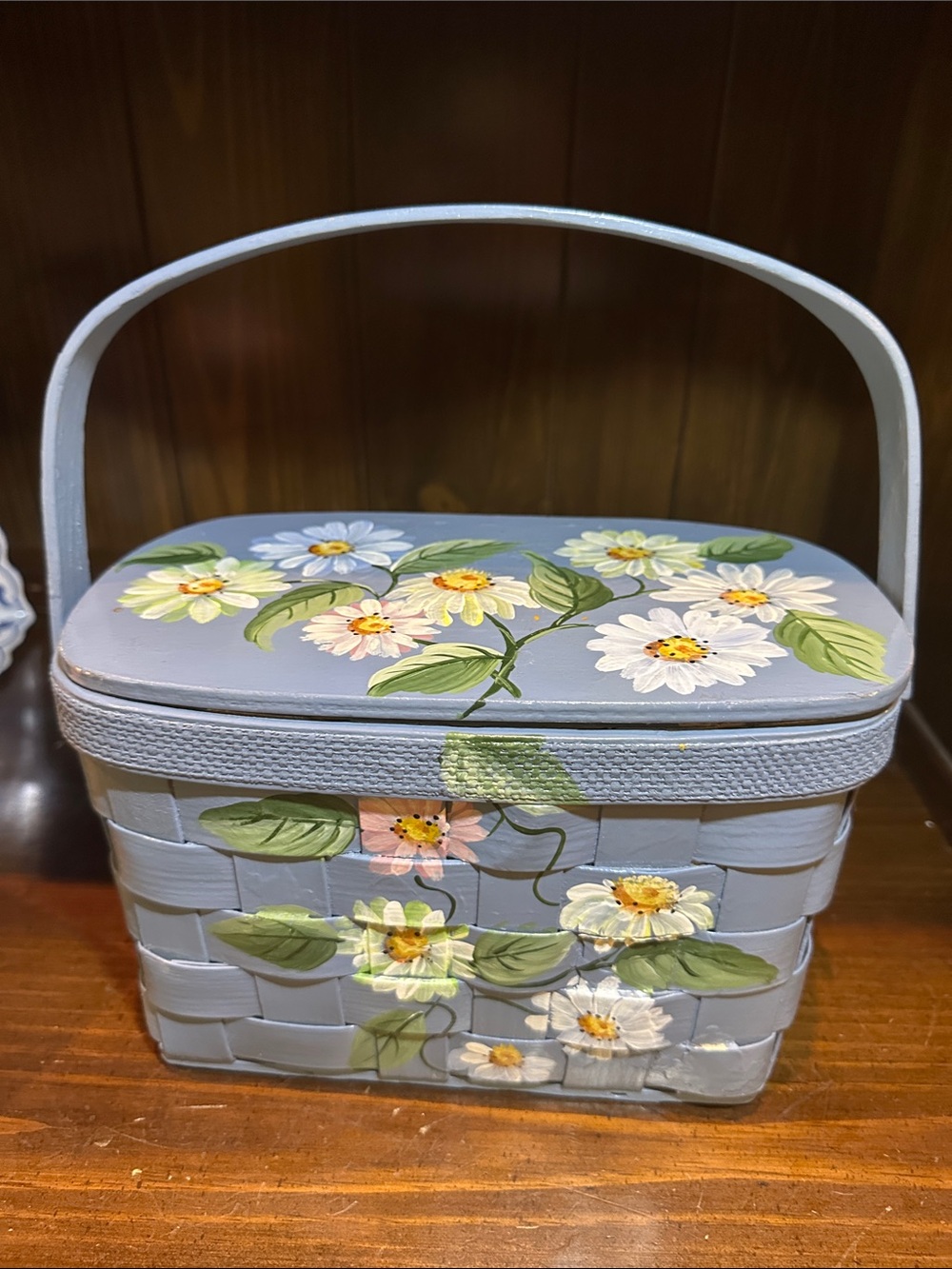 Hand-Painted Light Blue Floral Basket with Handle